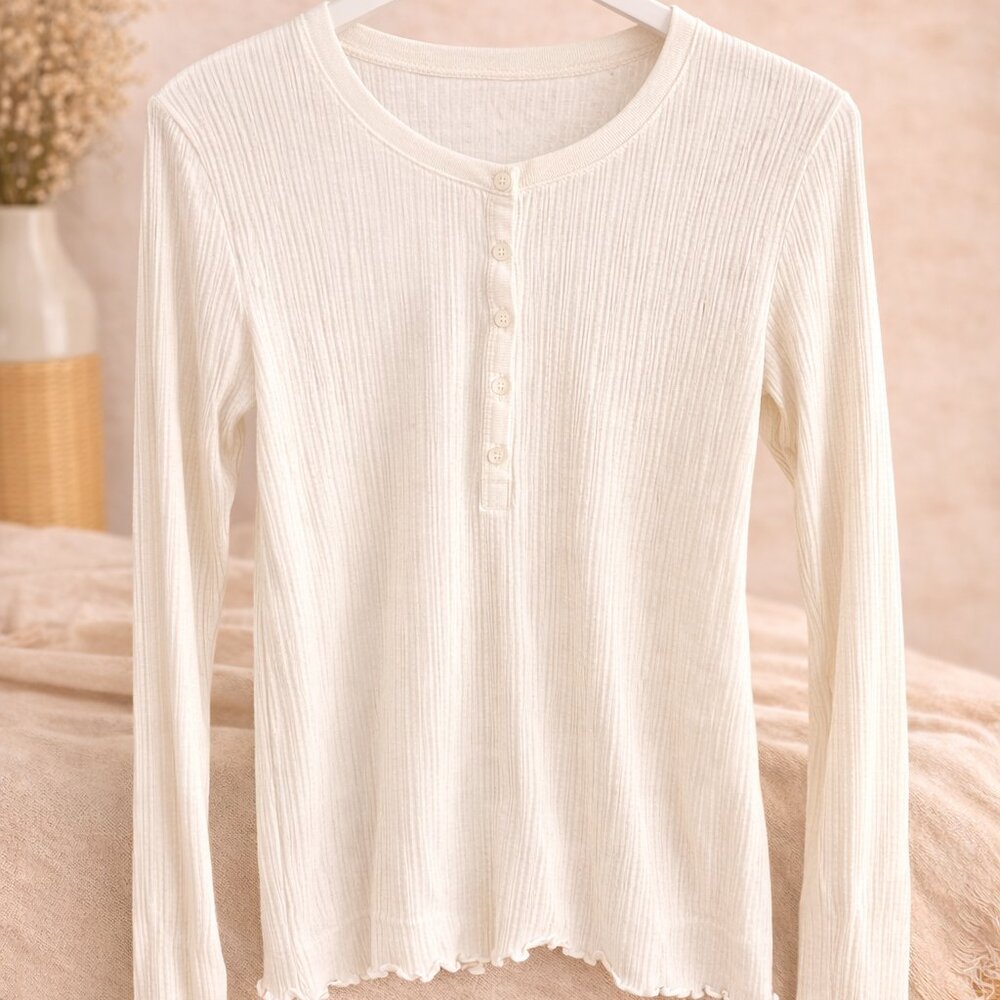 Soft & Chic Off-White Ribbed Henley Top